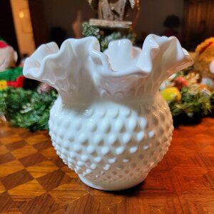 Vintage White Hobnail Milk Glass Vase with Ruffled Edge
